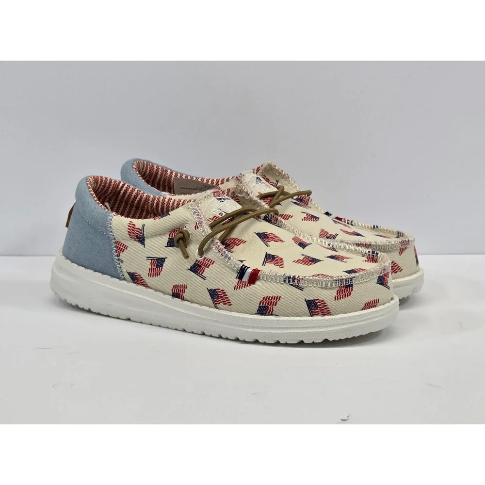 Hey Dude Wally Youth Americana Shoes Size 3 NWT‎ 40479‑1 Flag Print Slip On